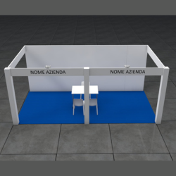 <strong> STAND 6x3 3 lati aperti </strong> <br> Comprende: moquette, 2 faretti luce, 1 cestino, 1 presa elettrica, 1 appendiabiti, 1 tavolo, 3 sedie, veletta con intestazione stand, 1kw di corrente elettrica