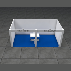 <strong> STAND 6x3 </strong> <br> Comprende: moquette, 2 faretti luce, 1 cestino, 1 presa elettrica, 1 appendiabiti, 1 tavolo, 3 sedie, veletta con intestazione stand, 1kw di corrente elettrica