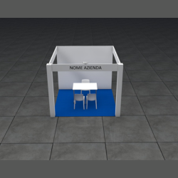 <strong> STAND 3x3 3 lati aperti </strong> <br> Comprende: moquette, 1 faretto luce, 1 cestino, 1 presa elettrica, 1 appendiabiti, 1 tavolo, 3 sedie, veletta con intestazione stand, 1kw di corrente elettrica