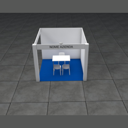 <strong> STAND 3x3 2 lati aperti </strong> <br> Comprende: moquette, 1 faretto luce, 1 cestino, 1 presa elettrica, 1 appendiabiti, 1 tavolo, 3 sedie, veletta con intestazione stand, 1kw di corrente elettrica