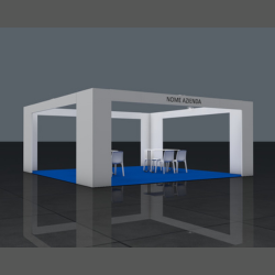 <strong> STAND 6x6 isola </strong> <br> Comprende: moquette, 4 faretti luce, 1 cestino, 1 presa elettrica, 1 appendiabiti, 2 tavoli, 6 sedie, veletta con intestazione stand, 1kw di corrente elettrica